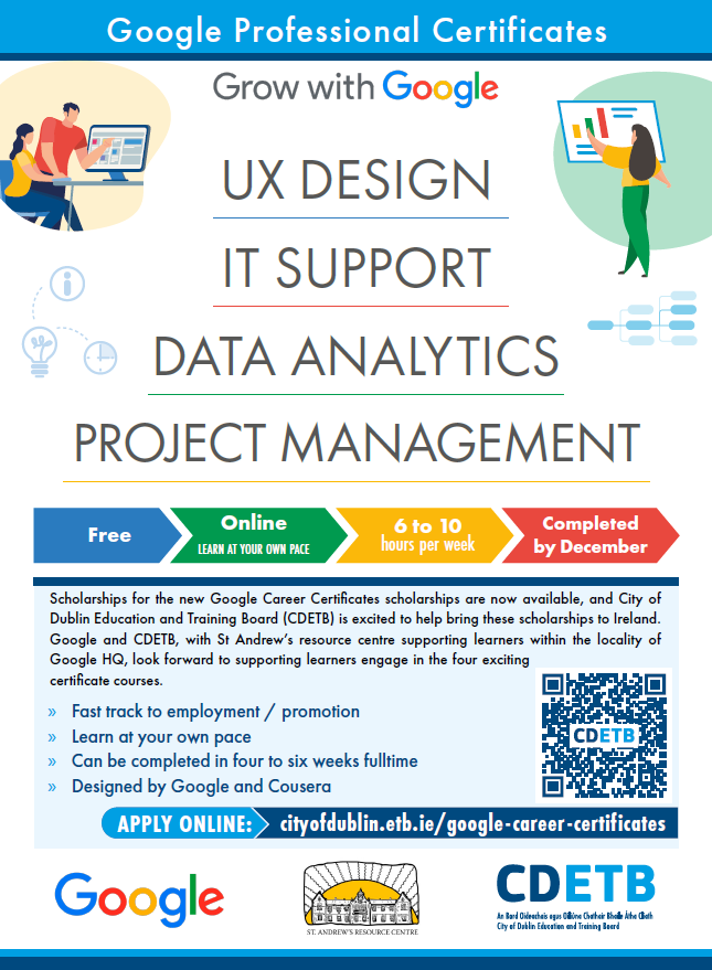 CityofDublinETB's tweet photo. Free Google Career Certificates are now available! Apply today and gain skills in high growth areas. 

-You don’t need relevant experience or a degree 
-Complete the training at your own pace

Full info on our website - https://t.co/l497uda79C https://t.co/0SJdwUyToY