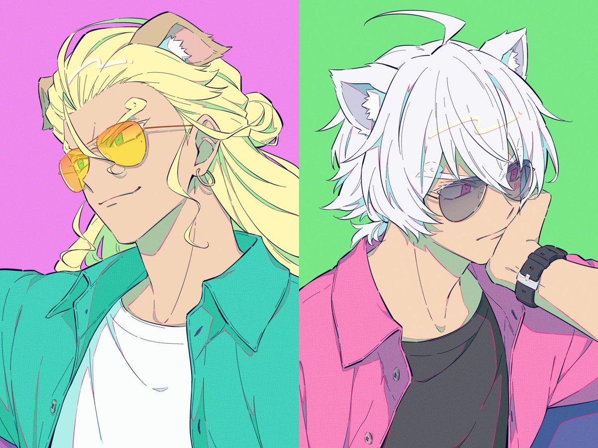 2boys multiple boys animal ears male focus sunglasses blonde hair shirt  illustration images