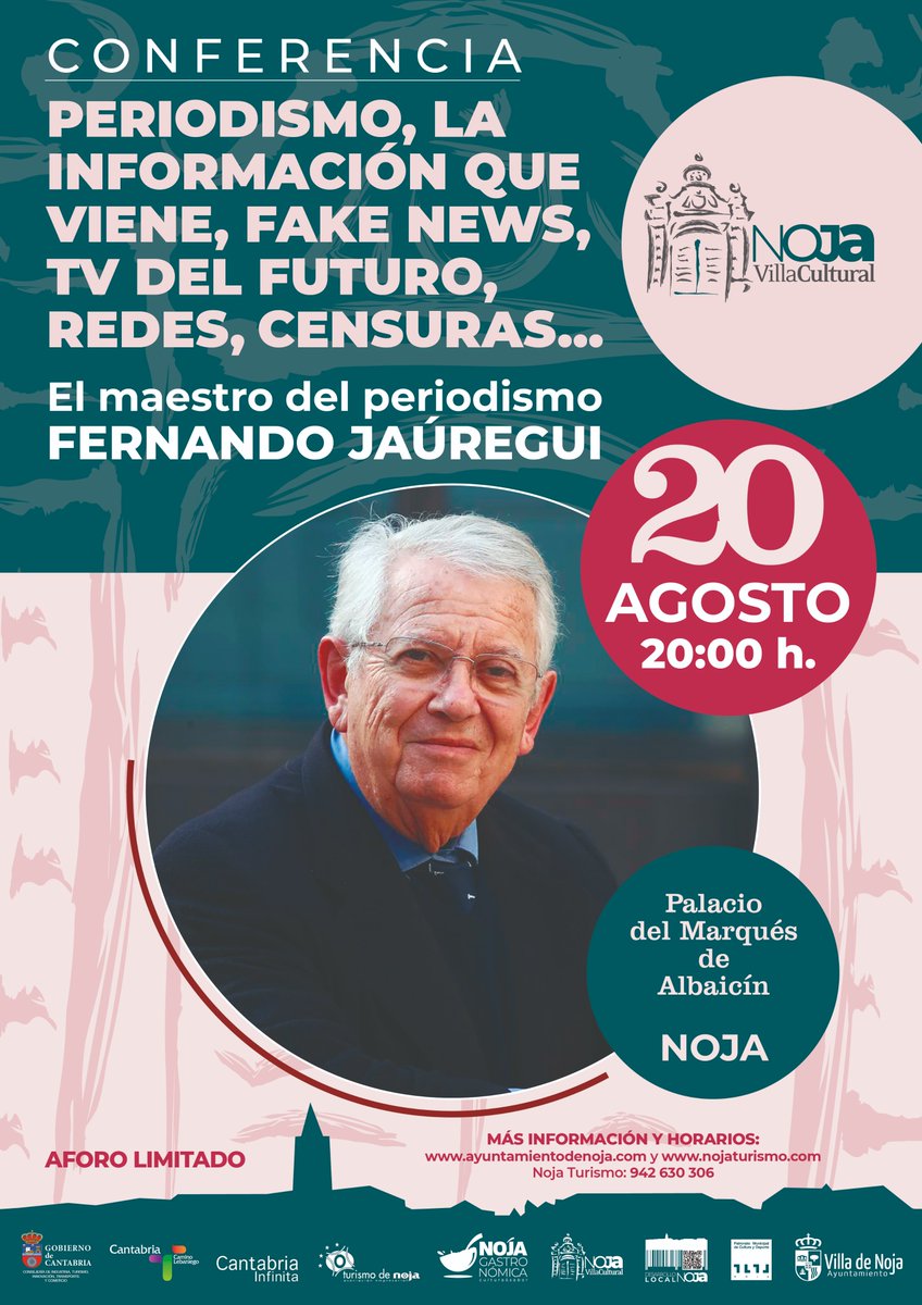 👥 Conferencia "Periodismo, la información que viene. Fake news, TV del futuro, redes, censuras..." 

🤝A cargo del maestro del periodismo Fernando Jaúregui. 

📆 20 de agosto a las 20.00 
📍 Palacio del Albaicín de Noja 

📨¡Reserva tu plaza! 👉 cultura@ayuntamientodenoja.com