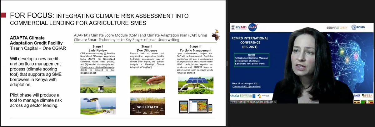 #RIC2021 integrating climate risk assessment into commercial lending is a key piece in addressing financing for #adaptation for solving the #ClimateCrisis @SERVIRGlobal @RCMRD_ @SERVIR_AFRIGIST - Jenny Frankel-Reed, @gatesfoundation https://t.co/F8b710rjgA