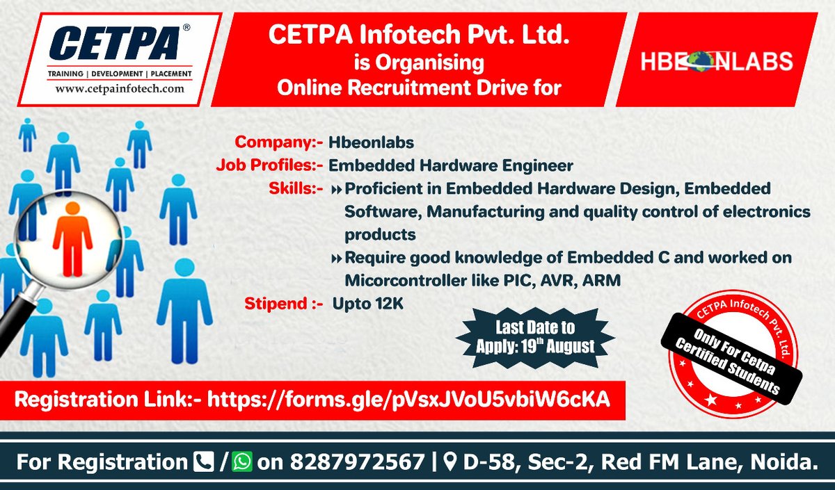 cetpainfo's tweet image. #CETPA Infotech Pvt. Ltd. Is Organising Online Recruitment Drive for Hbeonlabs

⇒ Profile: Embedded Hardware Engineer

👉19th Aug 2021

🔗 forms.gle/3Jz2WQisu5W1PQ…

📱8287972567

#Embedded #EmbeddedHardwareEngineer #Fresher  #JobSeekers #JobVacancy #OnlineRecruitmentDrive #Job