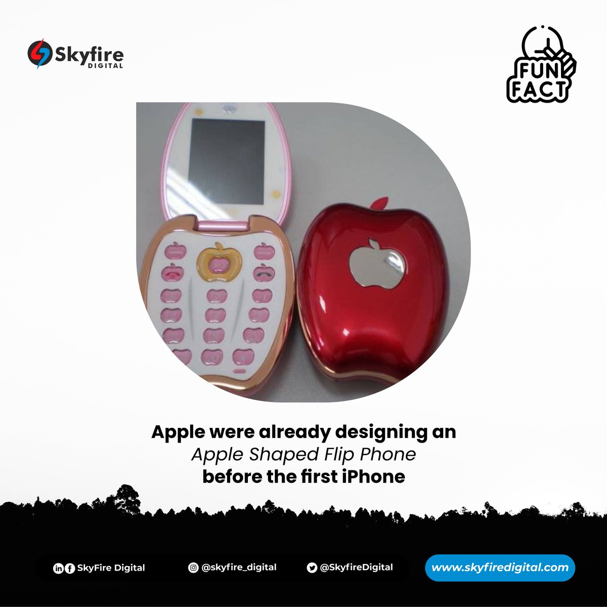 SkyfireDigital's tweet photo. DID YOU KNOW?

Before the original design for an iPhone, Apple patented a phone design in a shape of an actual apple, it was a flip phone that when closed would look like the Apple logo.

Well head on to our blog today https://t.co/EqaOPvG6nu https://t.co/pz19CKK1ol