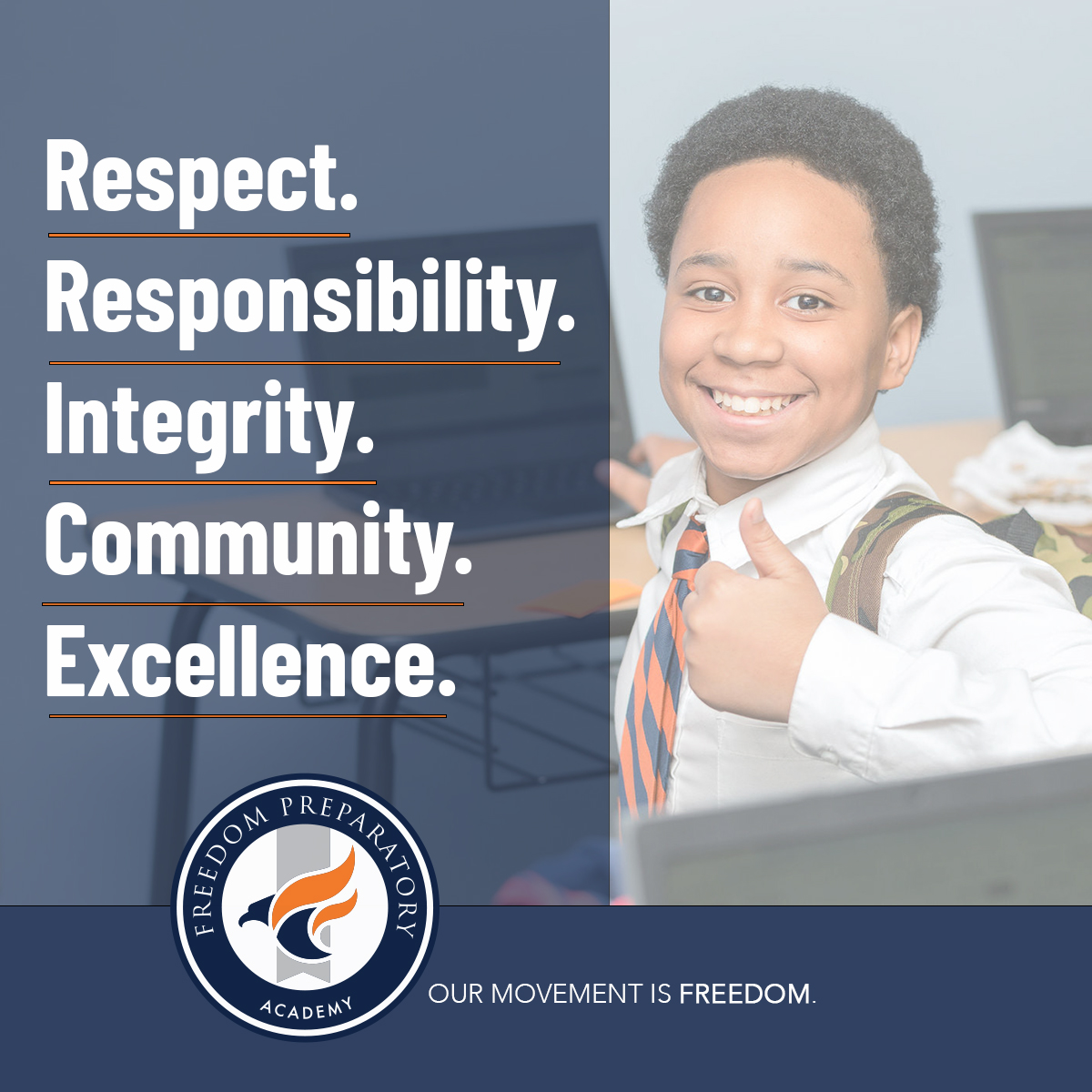 FreedomPrepAcad's tweet photo. Respect. Responsibility. Integrity. Community. Excellence. At #FreedomPreparatoryAcademy we go beyond academics and incorporate these Core Values into everything that we do. They are what makes Freedom Prep an experience like no other. #WhyFreedomPrep #EagleExcellence https://t.co/D3kA1zsz7p