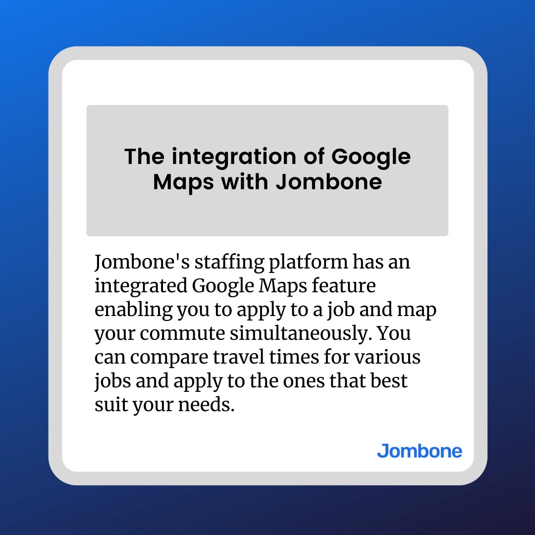 JomboneInc's tweet photo. Every extra minute of commute time reduces your job satisfaction. We've integrated Google Maps into our platform to help you stay motivated and on-time.
Read more here: https://t.co/ZwMTQ9jlRP
#Jombone
#GoogleMaps
#Commute
#DigitalStaffing
#StaffingProblems https://t.co/YATpwQpVs2