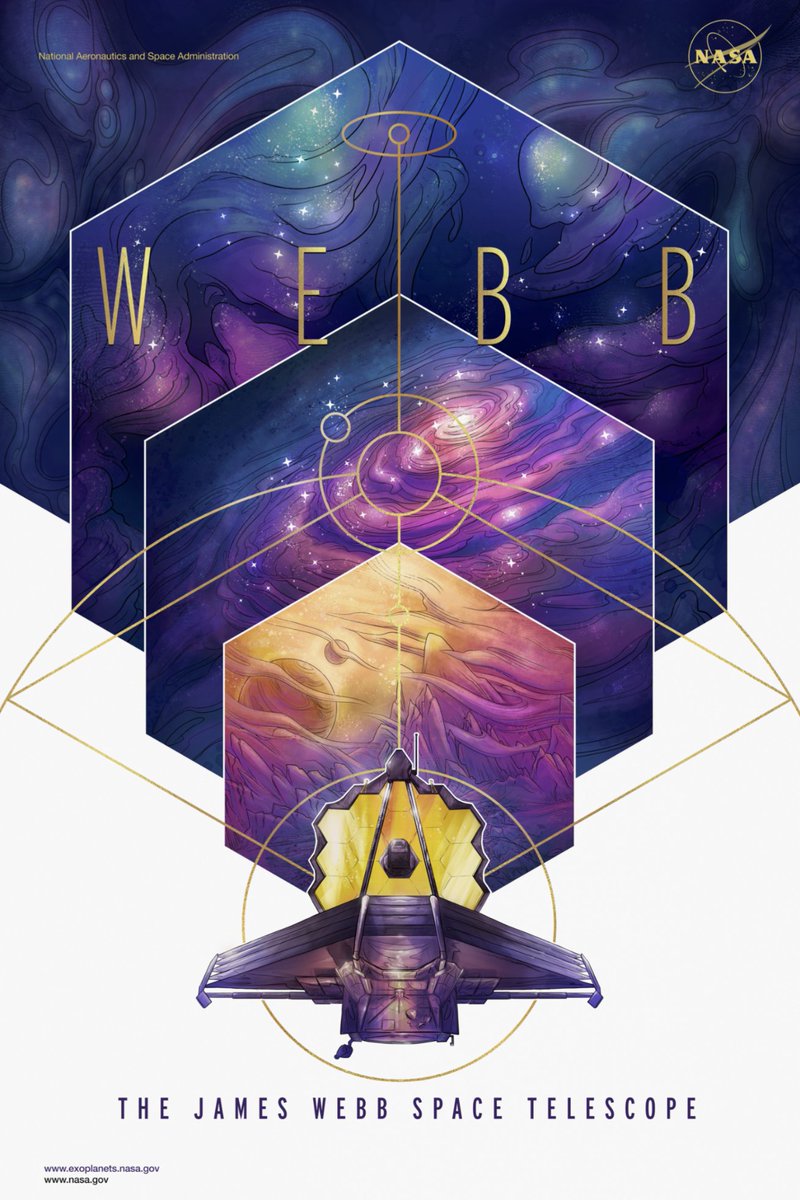 Webb Telescope poster featuring a swirling purple galactic background and a hexagonal design. An illustration of the James Webb Space Telescope facing the viewer is at the bottom of the poster, along with the text "The James Webb Space Telescope."