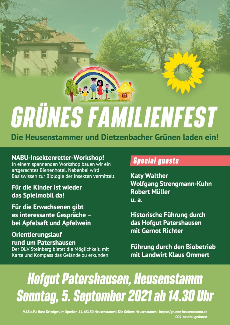 Save the date:
📅Sonntag 5. September 14:30 Uhr 🌻Grünes Familienfest🌻👨‍👩‍👧‍👦👨‍👦‍👦 auf dem Hofgut #Patershausen🚴‍♀️, zusammen mit @Gruene_Hst.
💚Herzliche Einladung!💚
➡Für die Kinder: Spielmobil;
➡für die Erwachsenen: Apfelsaft+Apfelwein🍏,  interessante Gespräche💬
Thread 1/3