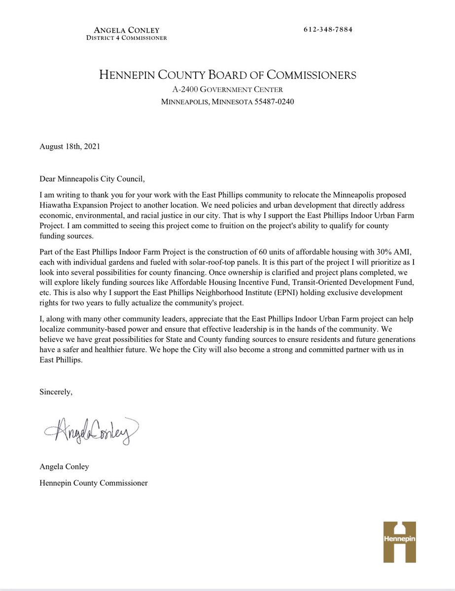 Ahead of today’s Minneapolis City Council vote on next steps for the Roof Depot in the East Phillips community (Hiawatha Expansion project), I am reiterating my support of the community’s autonomy over this site in which the health and wellness of residents will be centered.