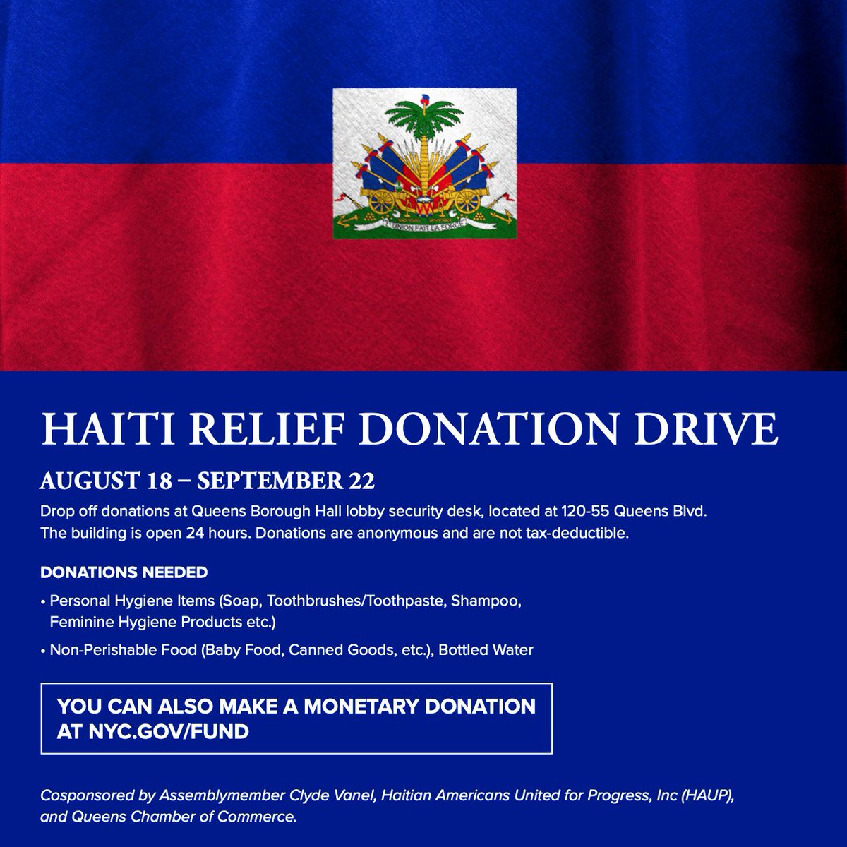 After the one-two punch of this week's earthquake and tropical storm, #Haiti need our help. Starting today, my office is accepting donations of bottled water, nonperishable food, toiletries and much more to support Haiti's struggling families. 

See below for details: