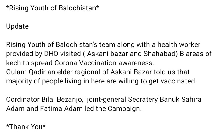 _R_Y_B_'s tweet photo. *Rising Youth of Balochistan*

Update 

Rising Youth of Balochistan's team along with a health worker provided by DHO visited ( Askani bazar and Shahabad) B-areas of  kech to spread Corona Vaccination awareness. 

*Thank You* https://t.co/jgCA4yE5Md