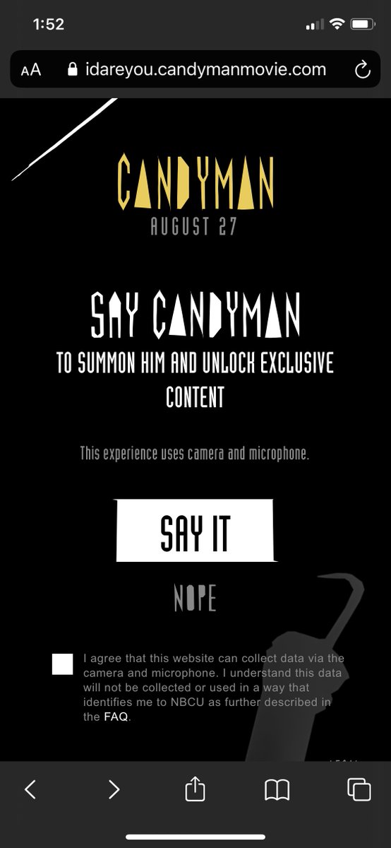 ErikDavis's tweet photo. @Fandango This is neat -- if you go to this website and say "Candyman" 5 times, it unlocks a new trailer for the film 
#Candyman 
(I also like how it gives two options - Say It and Nope - and the latter is also the name of producer Jordan Peele's next film)
https://t.co/T1HeR2jTZH https://t.co/wAG4V2ftc8