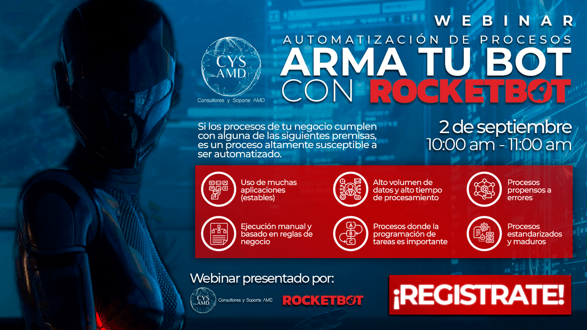 CYS_AMD's tweet photo. Para saber si uno o varios procesos son propensos a automatizar, te presentamos 6 premisas que pueden indicar si tus procesos son altamente susceptibles a automatizar. Regístrate a nuestro webinar: https://t.co/c4P7EMFHmU 
Te esperamos el 2 de septiembre.
#webinar #rpa #cysamd https://t.co/PSjvY4I1ec