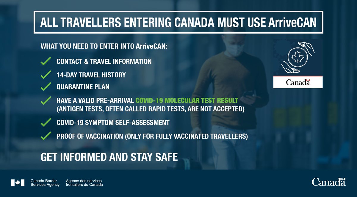 All travellers eligible to enter Canada must submit contact and travel information in #ArriveCAN before arriving in Canada. Fully vaccinated travellers must also enter their proof of vaccination. ow.ly/qFTM50FTmO0
