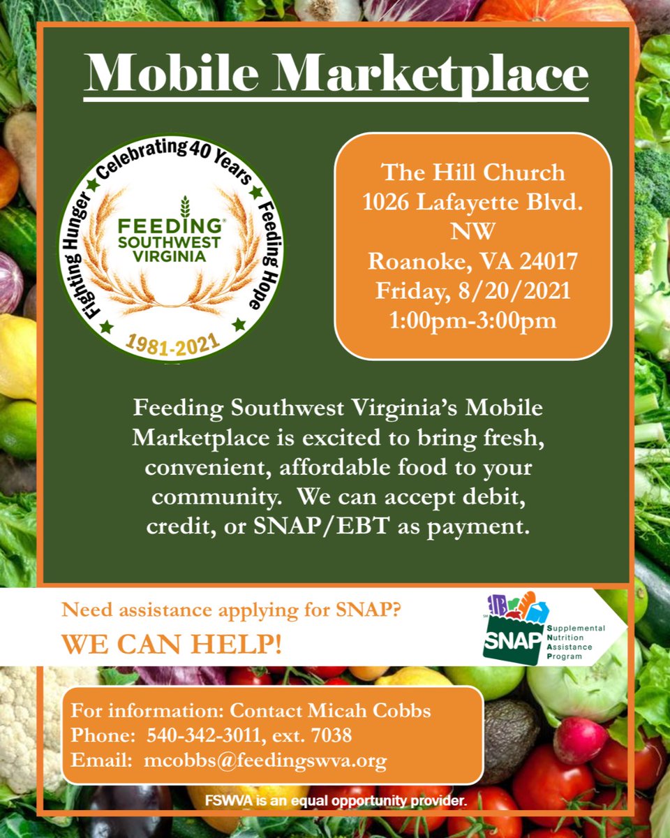 FeedingSWVA's tweet photo. Join us this Friday at our Mobile Marketplace site in Roanoke! Shop for grocery items and fresh produce at affordable prices. EBT/Credit/Debit accepted.
#feedingswva #mobilemarketplace #EBT https://t.co/NE4aN4GRsK