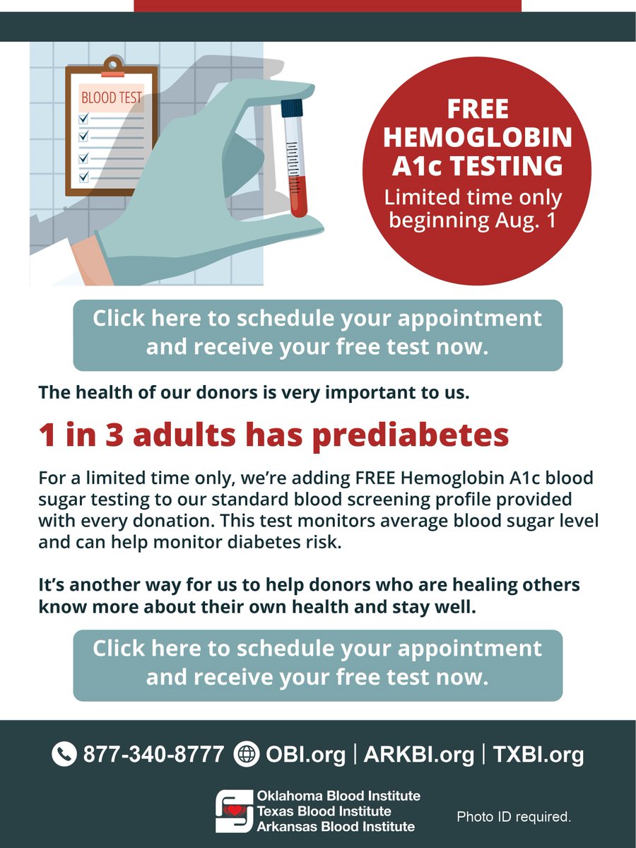 Blood Drive Donors Needed 
The Arkansas Blood Institute will be holding a blood drive 
in North Little Rock
Friday, August 20, 2021 from 9 AM - 1 PM.
They will also be providing free A1C testing for all blood donors at no cost!  Donate blood.  Save a life.
