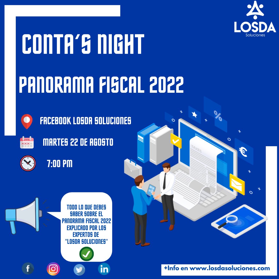LosdaSoluciones's tweet photo. ❗️NOCHE DE CONTA’S❗️
🔹 P a n o r a m a    F i s c a l    2 0 2 2 🔹

Regresamos a nuestra noche de Conta’s Night en dónde nuestros expertos abordan temas del ámbito empresarial para que se puedan entender mejor.

No te pierdas nuestra próxima transmisión. https://t.co/kuC2XbE5lB