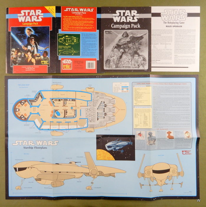Waynes_Books's tweet image. #StarWarsRPG Campaign Pack (1988). WEG D6 system. The Pack is more than a plain ref screen. Campaign advice, adventure, poster deck plans of the Rebel starship Long Shot. And a strip of ship counters attached to the screen... that are usually missing from used copies!

#D6system