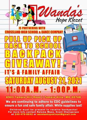 HeyPapiPromos's tweet photo. The @PGCPS @WeAre1Crossland H.S. &amp; Dance Company &amp; @WHKlozet @MrGilchrist1 are having a Pull Up Pick Up Back to School Backpack Giveaway on August 21, 2021, from 11AM-1PM. The event will be located at Crossland High School, 6901 Temple Hill Road, Temple Hills, MD. Retweet News!!! https://t.co/z6LUQAFwdy