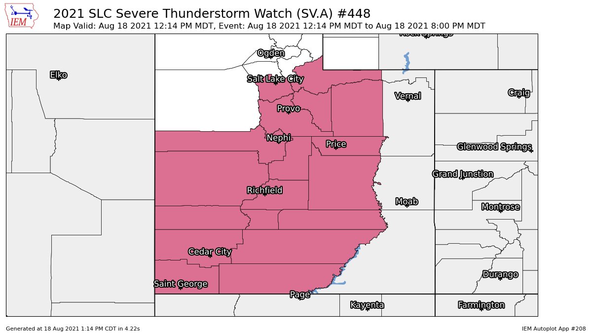 SLC issues Severe Thunderstorm Watch for Beaver, Carbon, Duchesne, Emery, Garfield, Iron, Juab, Kane, Millard, Piute, Salt Lake, Sanpete, Sevier, Summit, Utah, Wasatch, Washington, Wayne [UT] till Aug 18, 8:00 PM MDT mesonet.agron.iastate.edu/vtec/f/2021-O-…