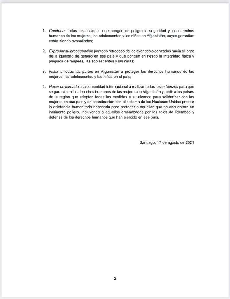 Esta declaración ya ha sido suscrita por las ministras y altas autoridades de la mujer de Argentina, Colombia, Costa Rica, Cuba, Ecuador, España, Guatemala, México, Paraguay, Perú, Puerto Rico y Uruguay, y esperamos que se sumen los demás países de la región
