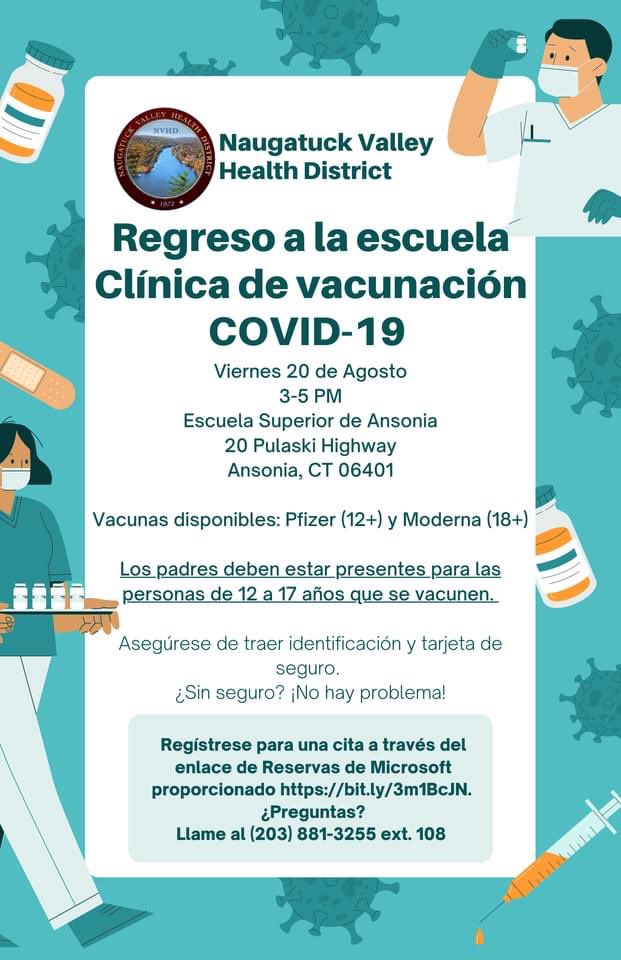 @NaugValleyHD @AnsoniaSchools are hosting a clinic for anyone who still needs to be vaccinated this Friday 8/20 from 3-5PM at Ansonia High School. All Naugatuck Valley residents are also invited! Register at bit.ly/3m1BcJN. Walk-ins welcome.

#Vax2SchoolCT #VaxtheValley