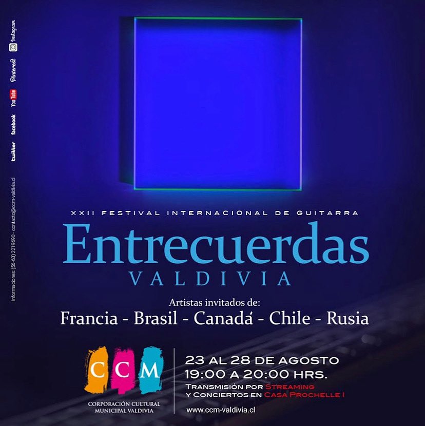 Entrecuerdas Valdivia
XXII Festival Internacional de Guitarra
23 al 28 de agosto de 2021
Centro Cultural Casa Prochelle I.
<a href="/ccmvaldivia/">CCM-Valdivia</a> <a href="/culturaslosrios/">Culturas Los Ríos</a> <a href="/MunicipalVald/">Teatro Municipal Val</a> <a href="/munivaldivia/">MuniValdivia</a> <a href="/INJUVLosRios/">INJUV Los Ríos</a> @eligecultura <a href="/danza_valdivia/">Escuela de Danza Valdivia</a> <a href="/bibliotecavaldi/">Biblioteca valdivia</a> #ValdiviaCL
