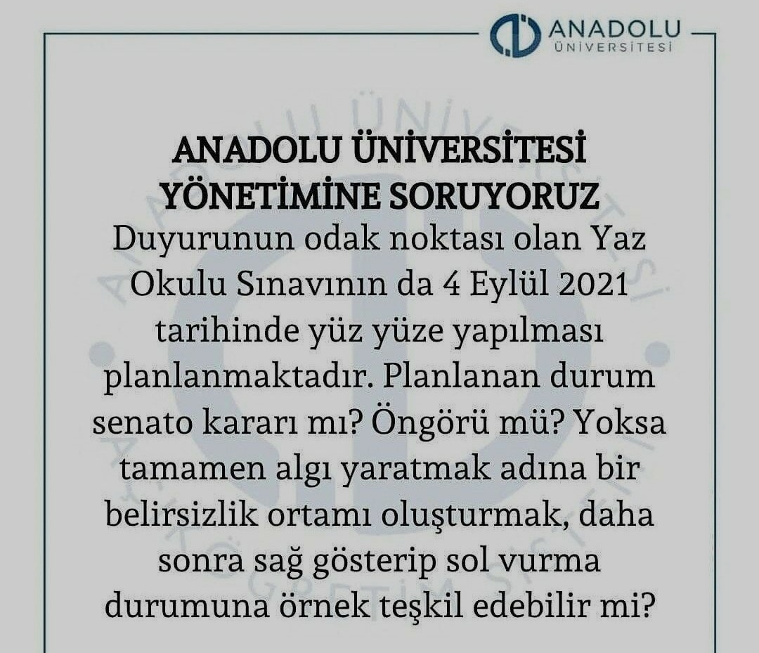 Yüz yüzeye hayır online evet .Eylül ayında yaz okulu olmaz! Öğrenciye %45 zam olmaz!
Açıköğretimi örgün ogrencinden ayırmak olmaz! Bazı şeyler olmaz!!!!
#anadoludayenivaryant
<a href="/mehmetceyhan23/">Dr Mehmet Ceyhan</a>
<a href="/AtesAtesKara/">Ates Kara</a>
<a href="/drtevfikozlu/">Prof. Dr. Tevfik Özlü</a>
<a href="/atauni1957/">Atatürk Üniversitesi</a>
<a href="/Anadolu_Univ/">Anadolu Üniversitesi</a>
<a href="/RTErdogan/">Recep Tayyip Erdoğan</a>
