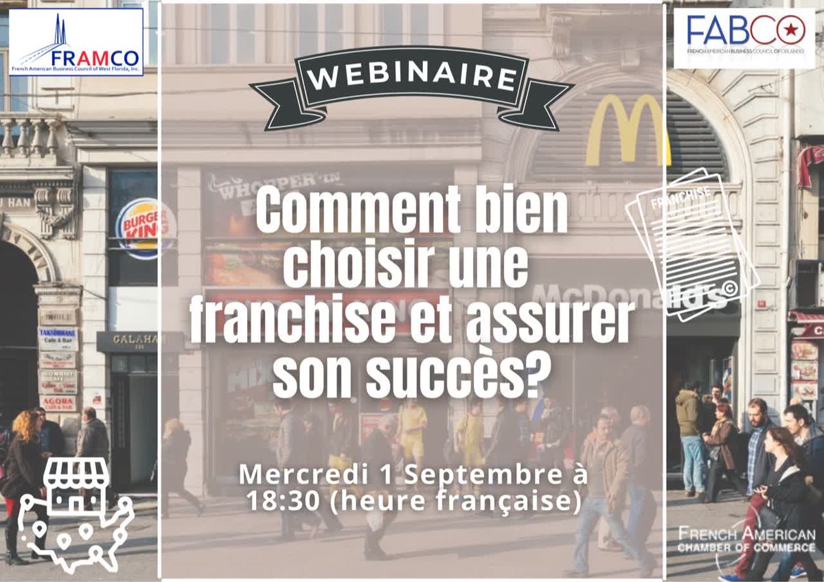ObjectifUSAimmo's tweet photo. Sujet très demandé : les franchises ! Les Chambres de Commerces Franco-Américaines d'Orlando et de Tampa organisent ce webinaire commun. Des franchisés (en visa E2) et un franchiseur viendront témoigner. Le 1er Septembre à 18:30 (France). Pour s'inscrire : https://t.co/5510rPYUIM https://t.co/JROXANr2ra
