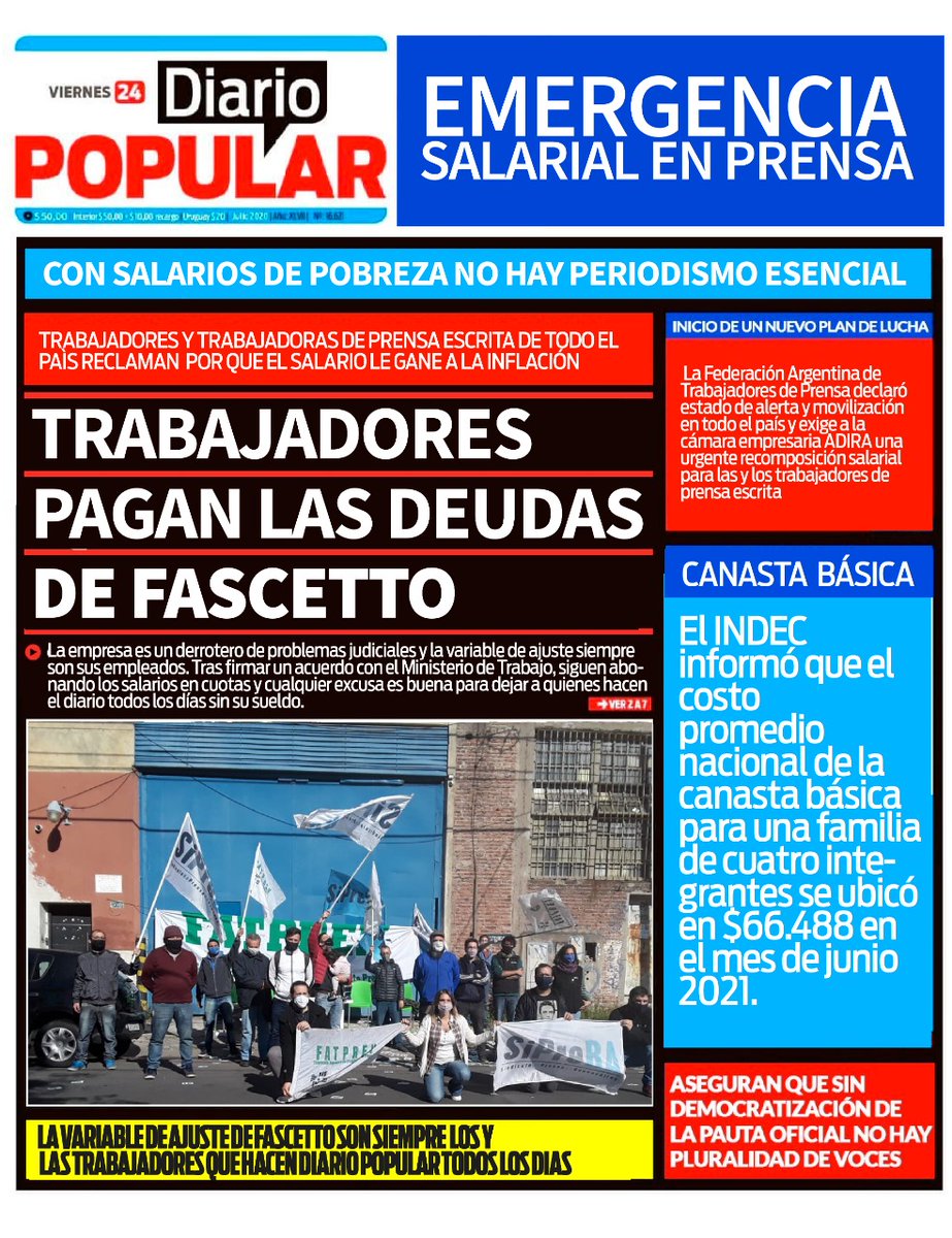 CGIPopular's tweet photo. En Diario Popular seguimos cobrando en cuotas, esperando que el @MinTrabajoAR se expida y cubriendo con nuestro sueldo la debacle económica y financiera a la que nos llevaron aquellos que conducen el tercer diario más grande de la Argentina. https://t.co/iubpUdE5AX