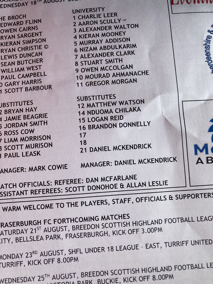 Team line ups for tonight’s Evening Express Aberdeenshire Cup Quarter Final between Fraserburgh and Aberdeen University #theBroch <a href="/ADFA1887/">ADFA</a> <a href="/ee_sport/">EveningExpress Sport</a>