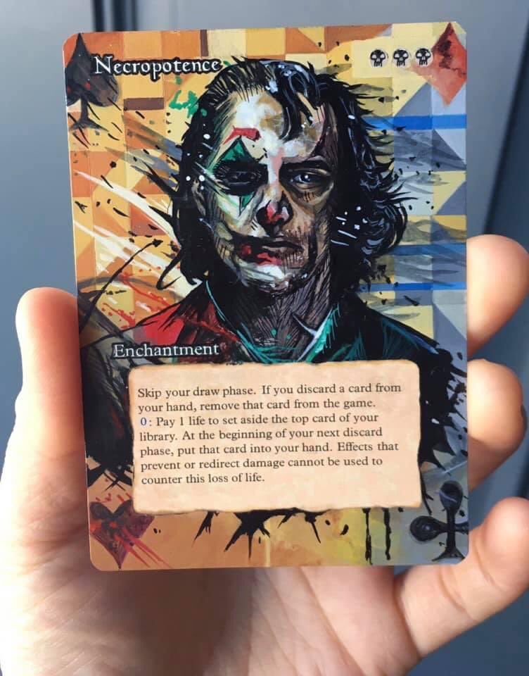 (2019) Joker from the 2019 movie altered onto Necropotence, a reference credited to Yann Dalon completed by Michiko.  Follow, retweet, share, or like our other socials on Facebook and Instagram too!  #MagicTheGathering #mtg #joker #mtgalters #edh #CommanderEdh
