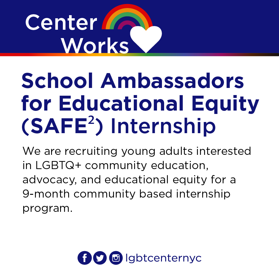 LGBTCenterNYC's tweet photo. LAST CHANCE!
Are you passionate about LGBTQ+ equity? #CenterWorks is recruiting young adults (ages 21-30) interested in LGBTQ+ community education, advocacy, and educational equity for a 9-month internship program.
Today is the last day to apply! https://t.co/mKlBCMPh7Q https://t.co/PFT1ejreqx