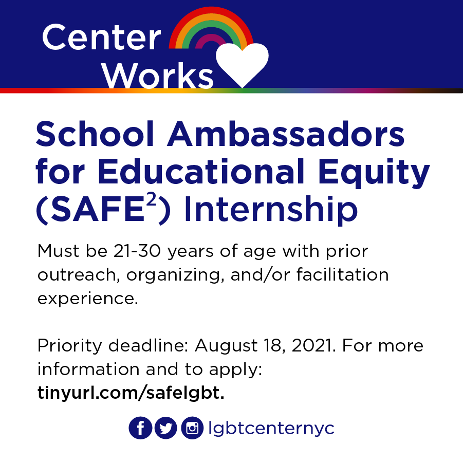 LGBTCenterNYC's tweet photo. LAST CHANCE!
Are you passionate about LGBTQ+ equity? #CenterWorks is recruiting young adults (ages 21-30) interested in LGBTQ+ community education, advocacy, and educational equity for a 9-month internship program.
Today is the last day to apply! https://t.co/mKlBCMPh7Q https://t.co/PFT1ejreqx
