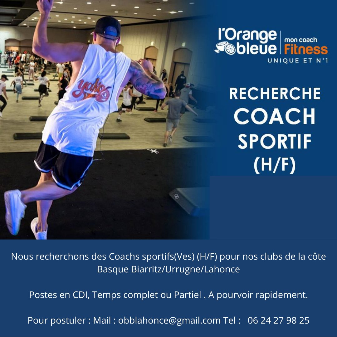 OB_CoteBasque's tweet image. Nous recherchons pour nos clubs de la côte Basque, 2 Coach Sportifs (H/F) en CDI à Temps Complet et ou partiel :  Vous encadrerez les cours collectifs de fitness freestyle type STEP, LIA, renforcement musculaire, stretching et les cours exclusifs de la marque l'Orange bleue.