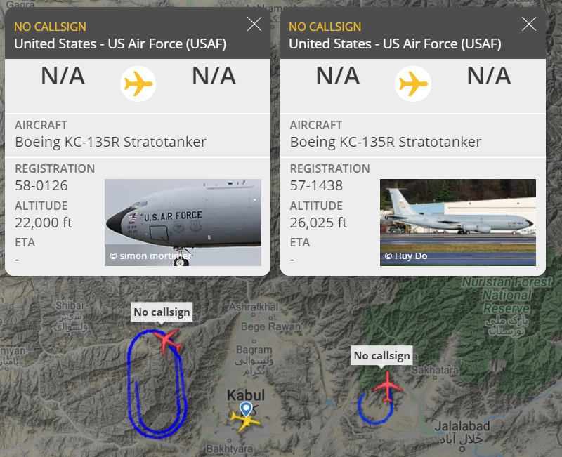 OS_Intel's tweet image. Two USAF KC-135R Stratotankers, #58-0126 and #57-1438, are in racetrack orbits outside of #Kabul #Afghanistan