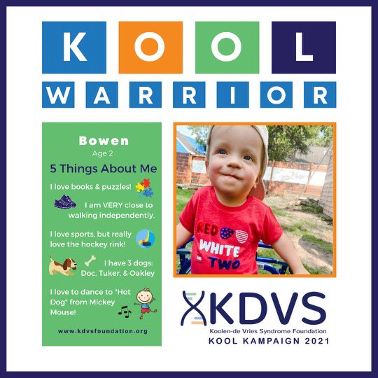 KdVSFoundation's tweet photo. Meet Kool Warrior Bowen! He's 2yo & almost walking independently! He loves sports and spending time at the hockey rink. He has 3 dogs, who are his best buds, and loves to dance. Bowen is also a big fan of books and puzzles! #KooleneVriesSyndrome #KdVSFoundation #KoolKampaign https://t.co/7sCmCm0cOR