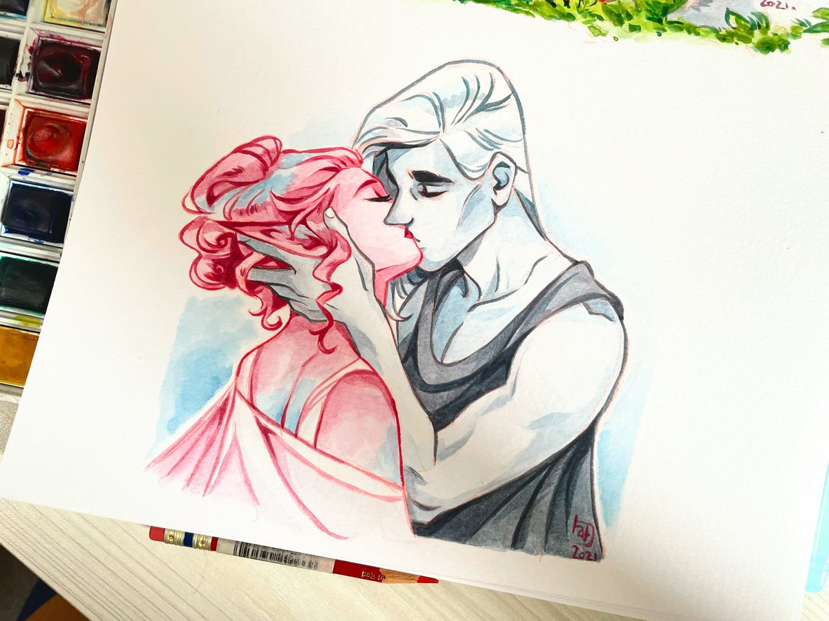 Daphne &amp; Thanatos in watercolor 🌸💀
I got many requests to paint this one, I love them so much 🥺
.
Lore Olympus belobgs to <a href="/used_bandaid/">RachelSmythe @ Lore Olympus</a> 
.
#loreolympus #loreolympusfanart #webtoon #webcomics #watercolor