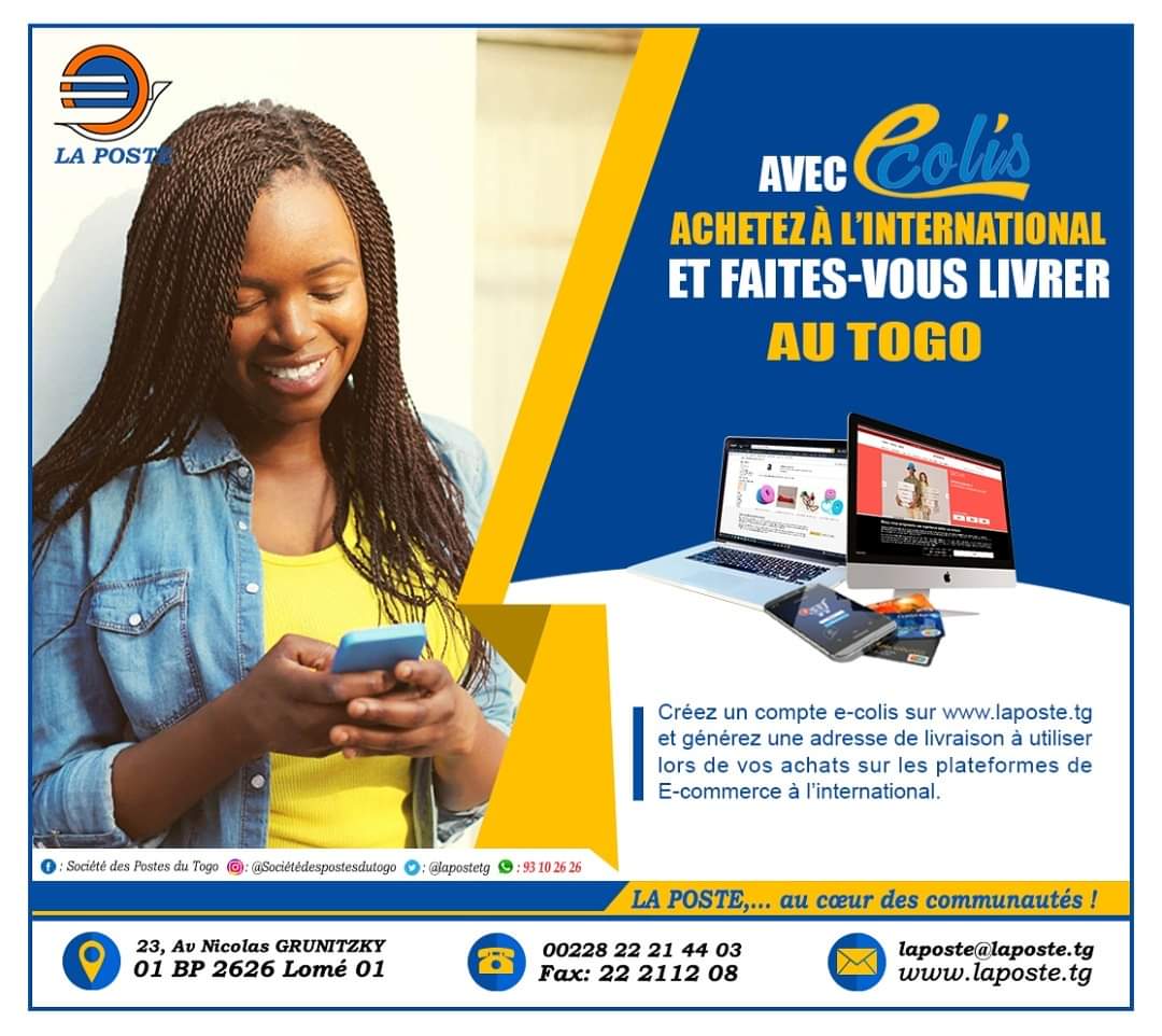 LaPosteTG's tweet photo. Kaba kaba, faites vos achats en ligne avec La Poste avec E-colis.
🔴Infoline 93102626 La Poste,... au coeur des communautés!
#laposte #Togo #Achat #ecolis #rakuten #aliexpress #zalando #amazon #rueducommerce #fnac #sitemarchand #soldesdete https://t.co/8JmxdjBKCi