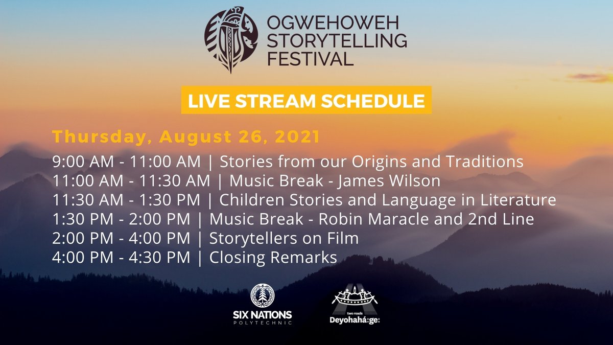 Ogwehonweh Storytelling Festival hosted by <a href="/snpolytechnic/">Six Nations Polytechnic</a> is a series of storytelling seminars/panels, readings and discussions featuring SN and local authors, literary agencies, and musicians. Beginning Wed. Aug. 25-26 from 9-4pm ET. Free registration @ snpolytechnic.com/news-events/ev…