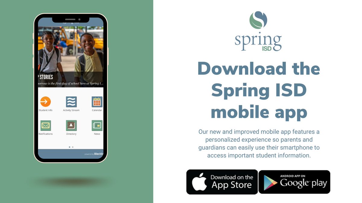 SpringISD's tweet photo. Do you have the Spring ISD App downloaded? Easily access your student's important information by downloading the app in the App Store or Google Play. #SpringBackToSchool https://t.co/XwJX1vOqNe