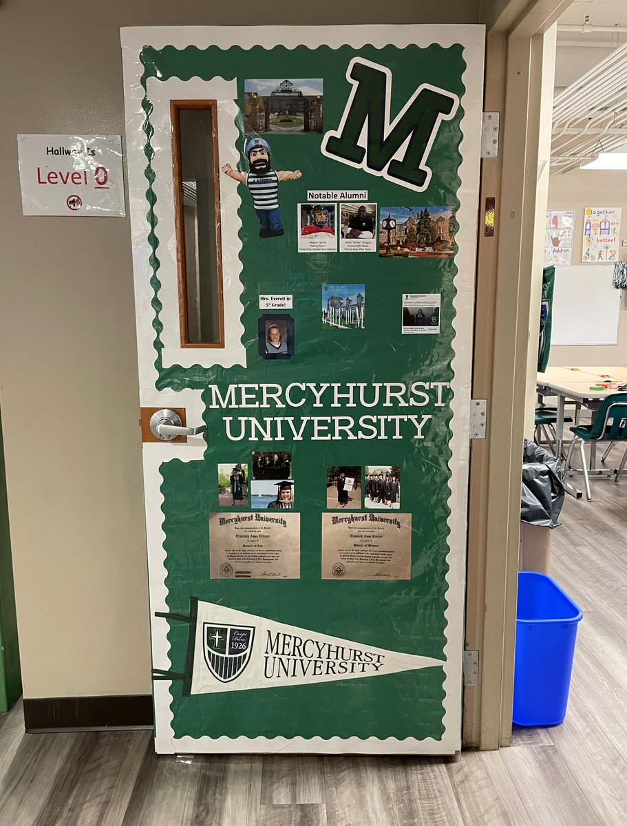 HurstAlumni's tweet photo. When tasked with decorating her classroom door after a college or university, Elizabeth (Eidnier) Everett ’12 ’13 in Cleveland, Ohio, chose Mercyhurst of course! Looking great! #MercyhurstMade https://t.co/8yRqeUVwpT