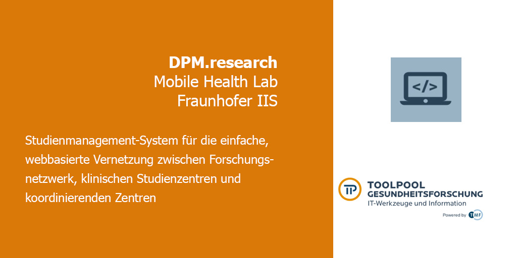 TMF_eV's tweet photo. Neues Produkt im TMF #ToolPool #Gesundheitsforschung: DPM.research, eine Software zur Vernetzung von Studienteilnehmenden, Behandelnden und Forschung. @FraunhoferIIS 
➡️Infos: https://t.co/JqoCv10Vxz https://t.co/FpudYXdoxs