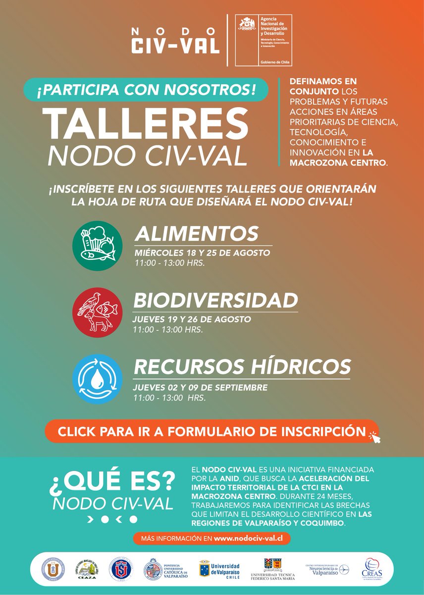 ¡Te esperamos hoy y mañana a las 11:00⏰! 
Talleres virtuales <a href="/nodociv_val/">Nodo CIV-VAL</a>, Identificando brechas que limitan el desarrollo científico en la Región de #Coquimbo y #Valparaiso 
Hoy: Alimentos
Jueves: Biodiversidad

Inscríbete aquí ▶️bit.ly/3mbamin