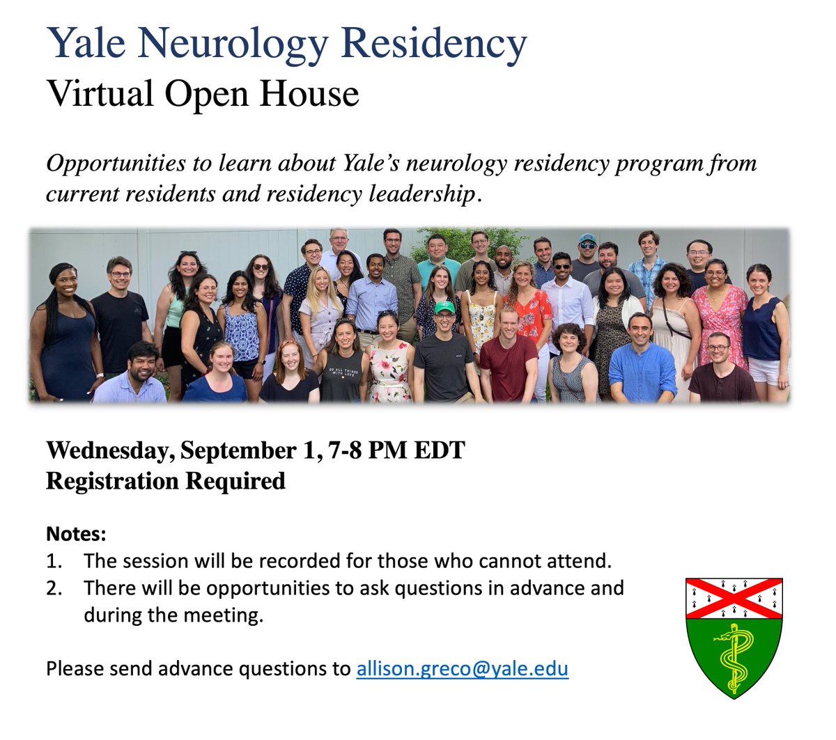 📢 Attention, future neurologists! 🧠 YOU'RE INVITED to our virtual Residency Open House! Join our @YaleNeurons residents and @yaleneuropd, and learn about the Yale Neurology Residency Program, life in New Haven, and more! ➡️Open House Registration: zoom.us/meeting/regist…