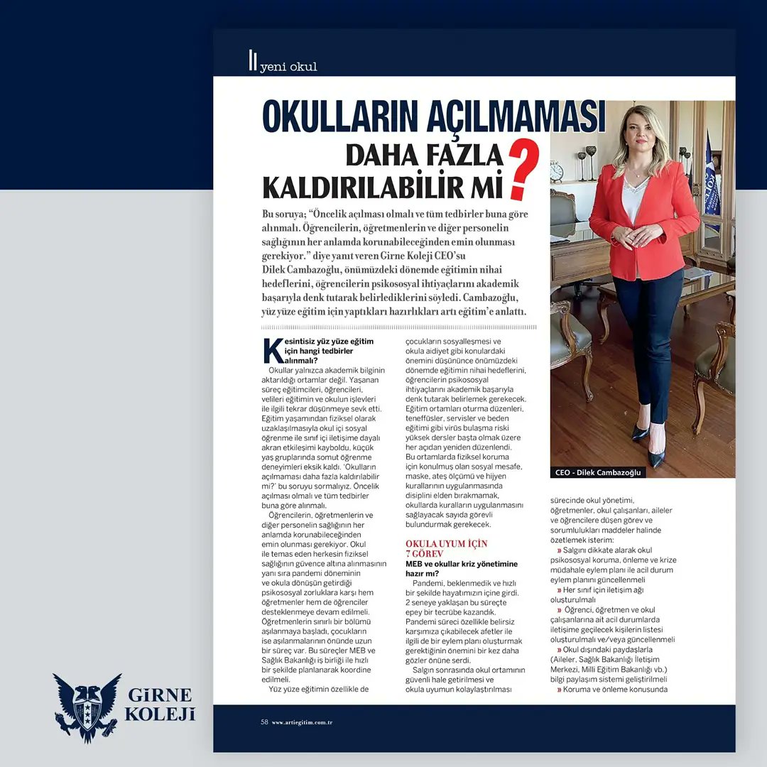 TYorulmazlar's tweet photo. CEO'muz Dilek Cambazoğlu özel röportajıyla Artı Eğitim Dergisi'nde!
#GirneKoleji #DünyanınKapılarıSanaAçık
@girnekoleji @umitkalko @dilekcambazoglu @eorhanegt https://t.co/tKXxrjj9te