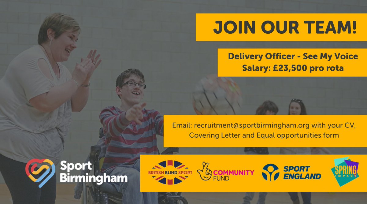 NEW JOB ALERT!🚨

We are recruiting for a part time Delivery Officer to lead the ‘See My Voice’ Project across Birmingham by supporting young disabled people 14-19 years to develop a resilient volunteering habit.
 
Closing Date: 03/09/2021
Find out more 👉 bit.ly/3gwrkUT