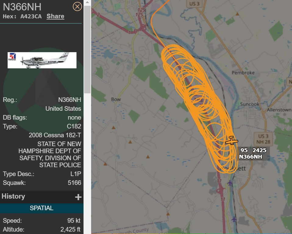 OS_Intel's tweet image. New Hampshire State Police Cessna C182 A/C, N366NH, working speed limit enforcement between Concord and Hooksett exits on I-93