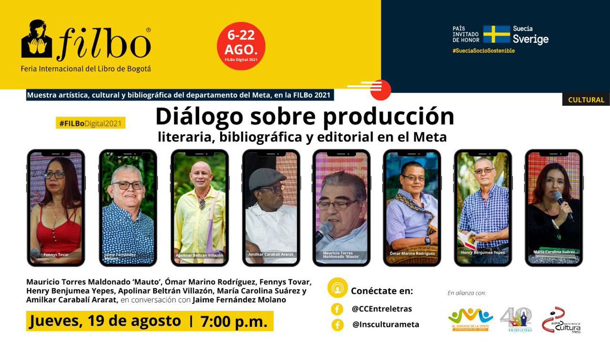 InsCulturaMeta's tweet photo. MAÑANA es el #Estreno de la Muestra cultural y bibliográfica en la Filbo Feria del Libro 'Diálogo sobre la producción literaria, bibliográfica y editorial del Meta'. Modera: Jaime Fernández Molano
#FILBo2021 #FILBoDigital2021 #SueciaSocioSostenible #ColombiaLee #ElMetaEnFILBo https://t.co/oAU8GLbeNH