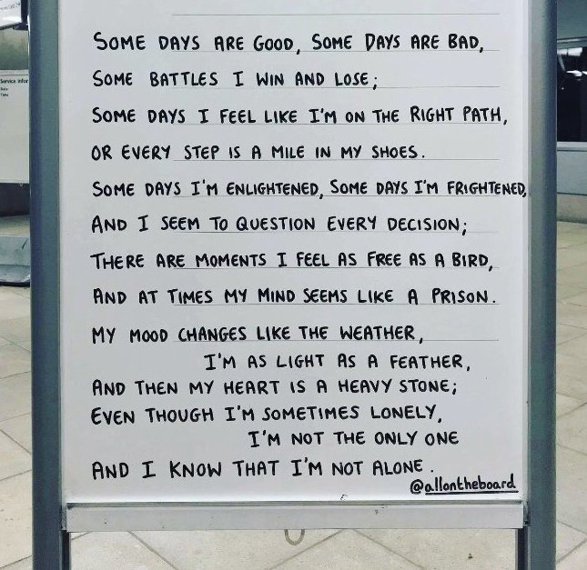HarLe_o3o's tweet photo. Some days are good, some days are bad 😕
•
•
#goodandbaddays #takeabreath #tomaaliento #text #allontheboard #letrero #cartel #quotes #quotesaboutlife #quote #underground #mentalhealth #stress #anxiety #depresion #takecare #cuidaite #takeiteasy #tomaloconcalma #cheerup #animo https://t.co/1MrAlc96iD
