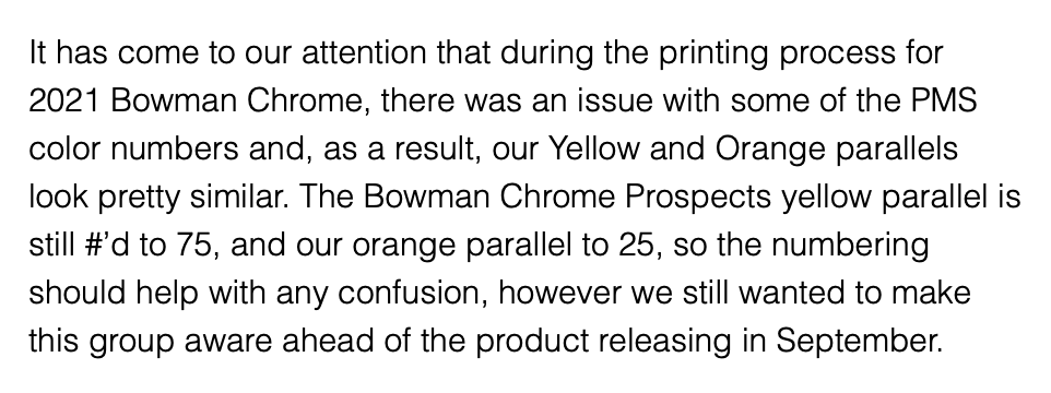 Message from <a href="/topps/">Topps</a> regarding 2021 Bowman Chrome. #collect