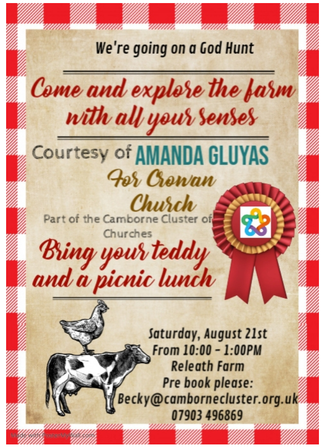 CamborneCluste1's tweet photo. This Saturday 21st August - come explore the farm. #wearegoingonaGodhunt #teddybearpicnic #somethingforallyoursenses #farmtastic #explorethefarm #crowanchurch #thankyouAmanda https://t.co/17Oja0ty0i